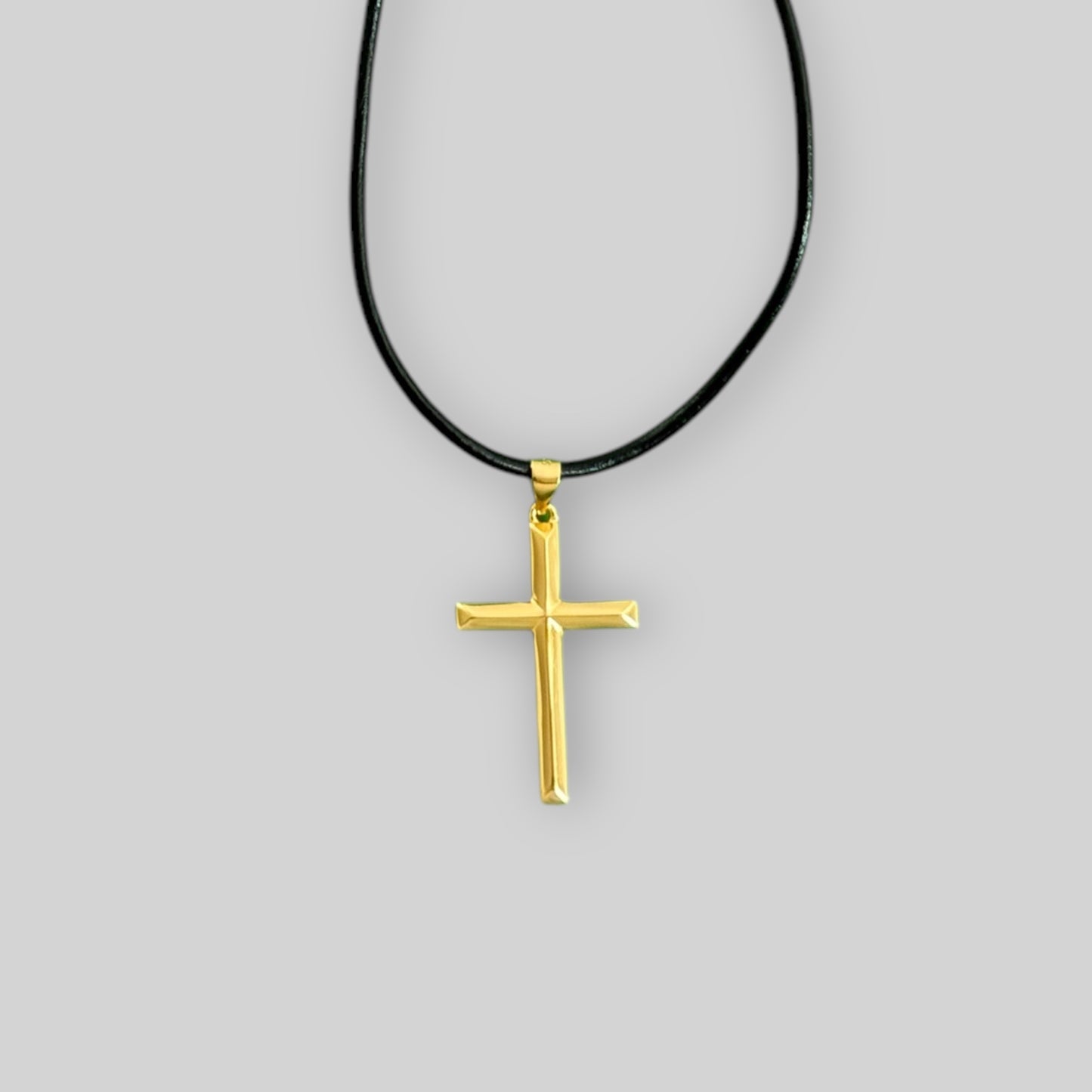 Men's leather necklace with solid cross pendant – 925 silver, 18K gold-plated, unisex