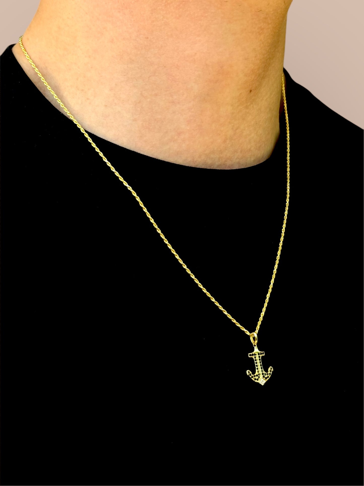 Men's anchor necklace with diamond cut cubic zirconia and black stones – 925 silver, 18K gold-plated, unisex