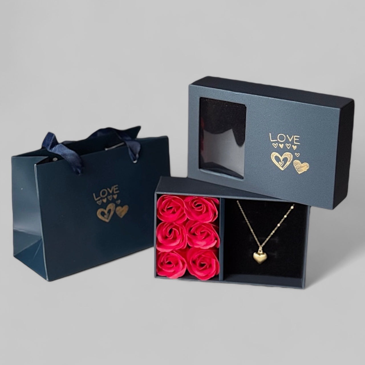 Cadeau pour la Saint-Valentin - Anniversaire - Love Box avec roses et sac - collier en forme de cœur avec structure mate en argent 925 plaqué or