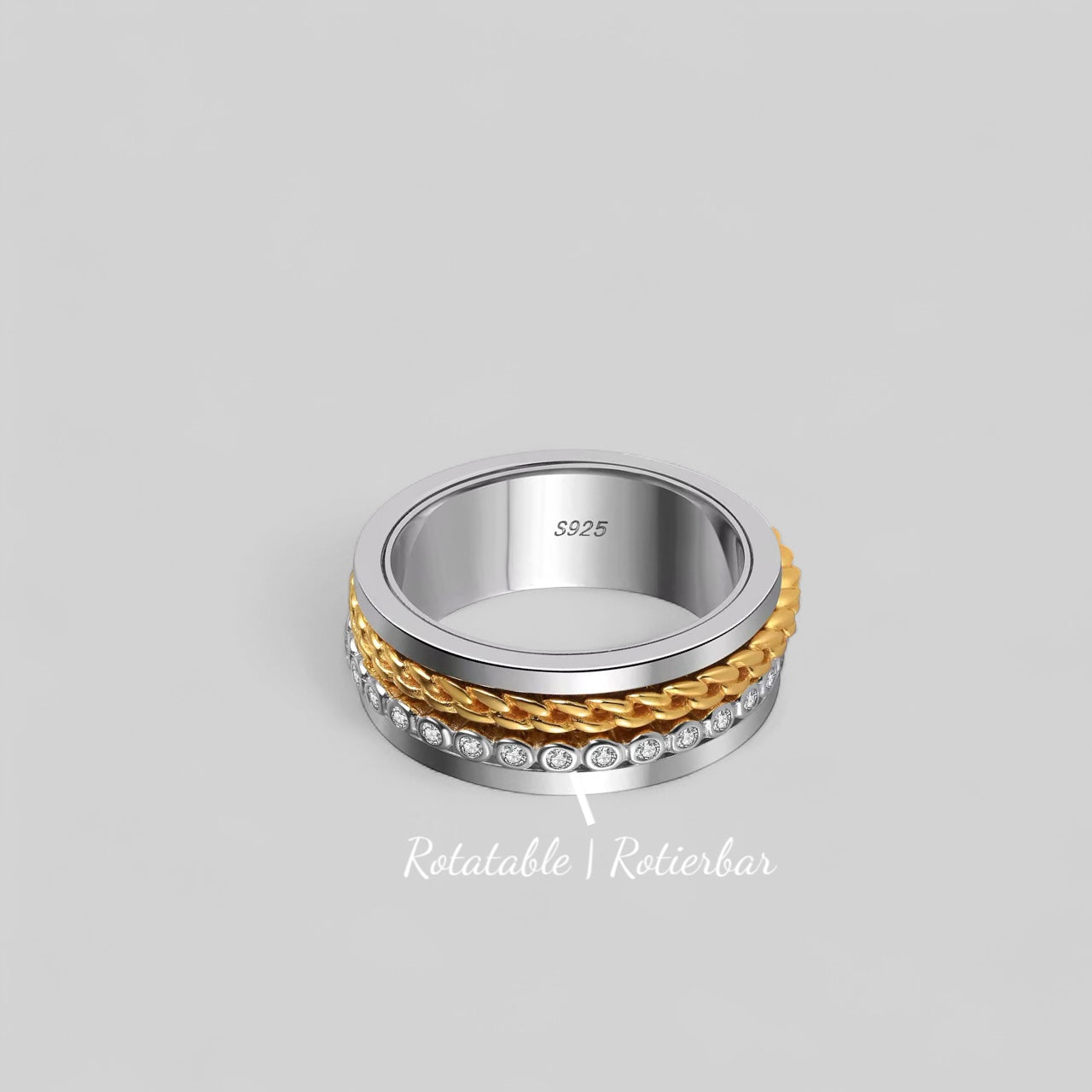 Men's rotating fidget ring with zirconia – two-tone, 925 silver, 18K gold-plated