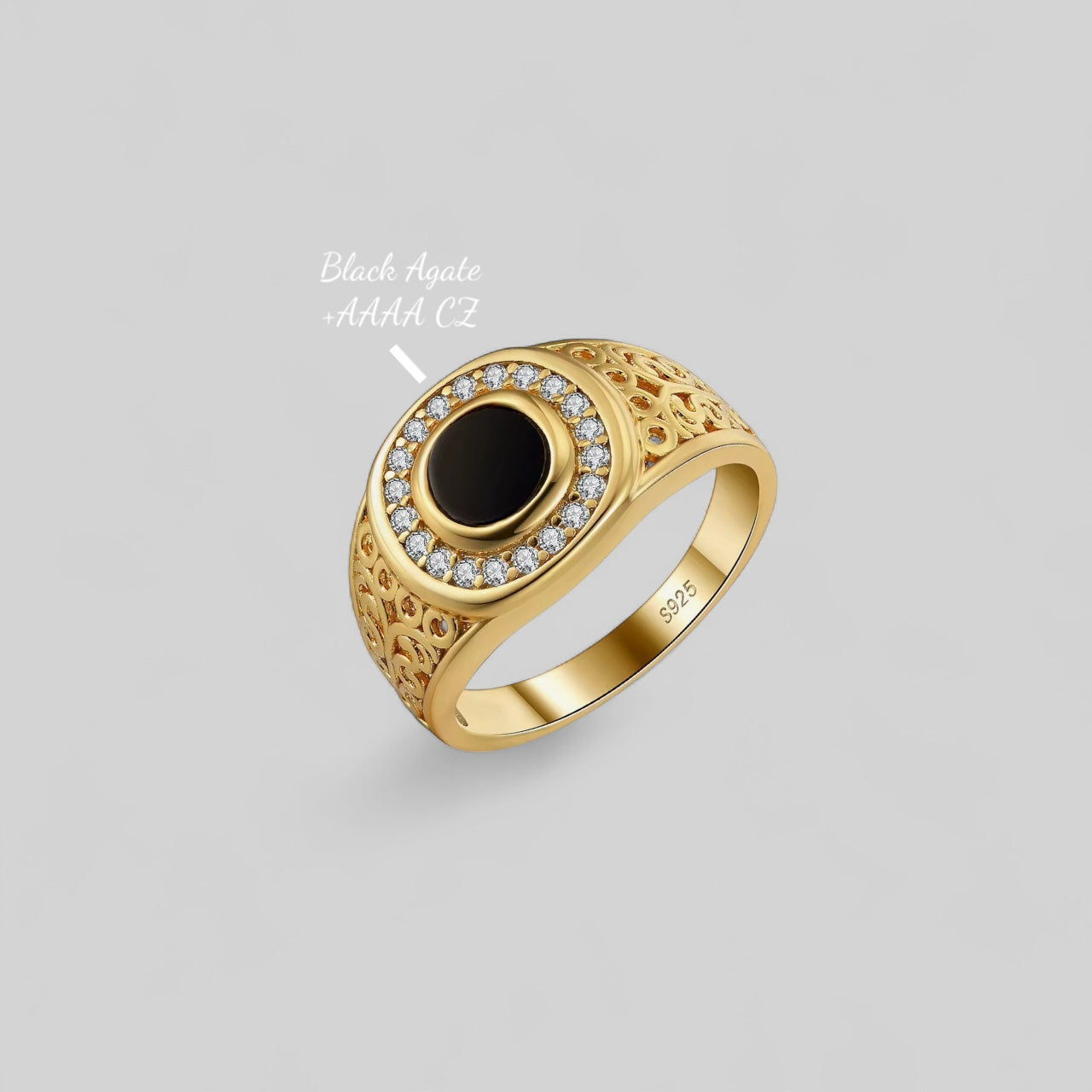 Men's ring with black agate and zirconia – 925 silver, 18K gold-plated, unisex
