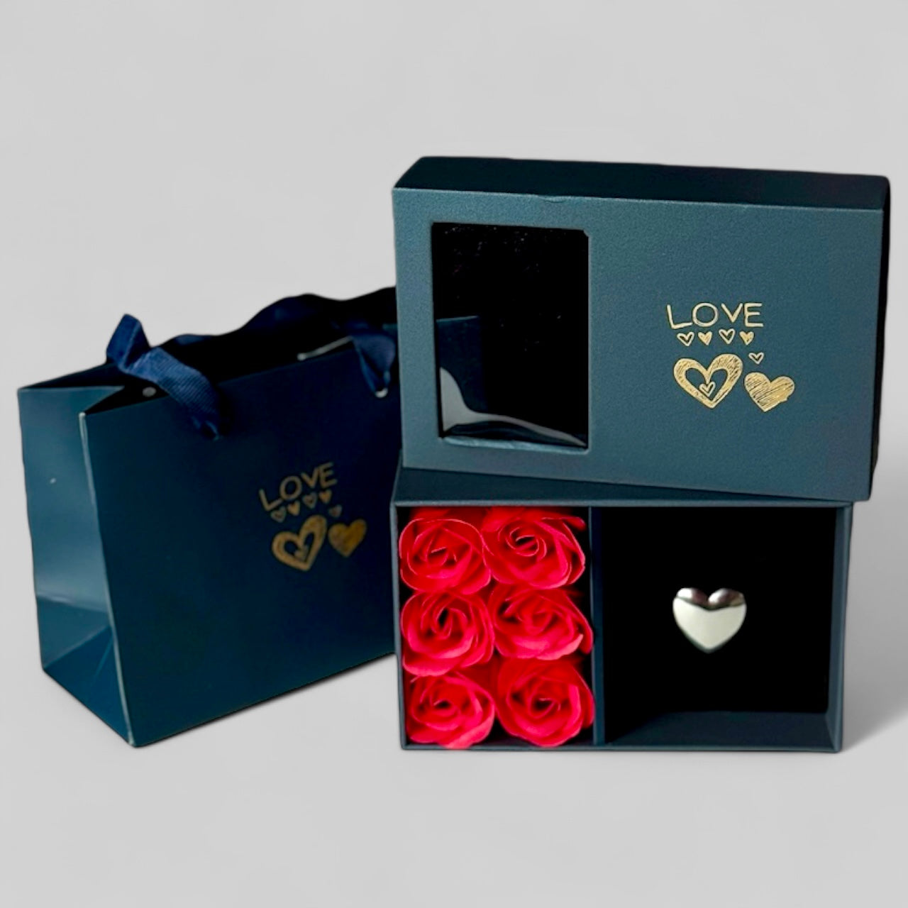 Saint-Valentin - Cadeau d'anniversaire - Coffret Love avec roses et sac - Bague épaisse en forme de cœur surdimensionnée en argent 925