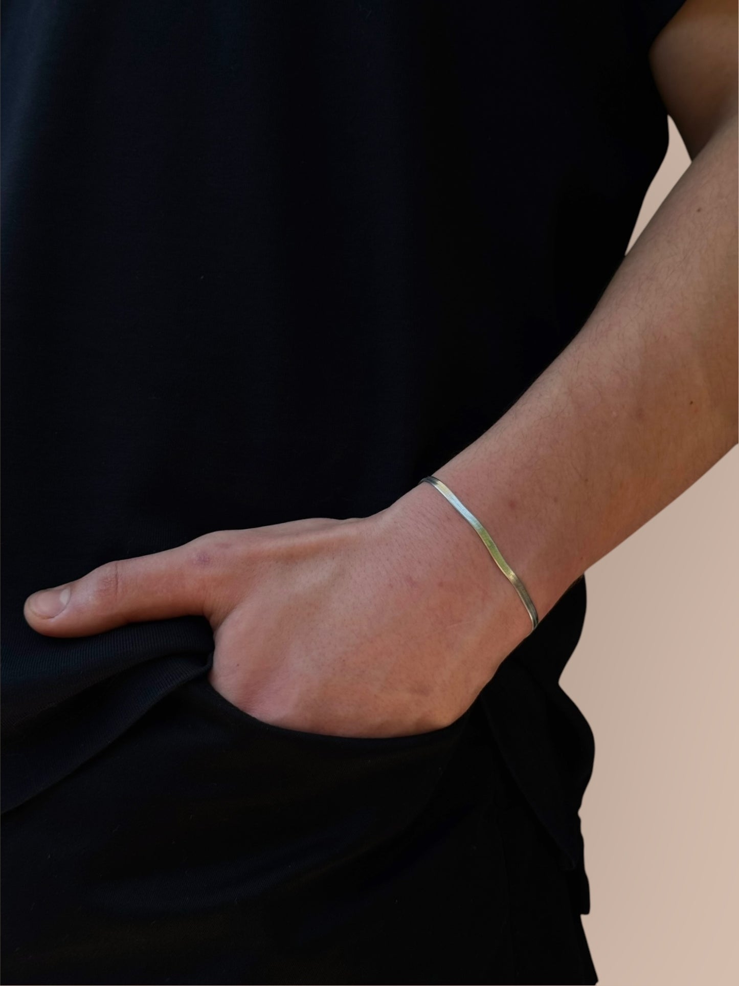 Herren Armband mit flacher Schlangenkette, Herringbone-Kette – 925 Silber, 18K vergoldet, Unisex