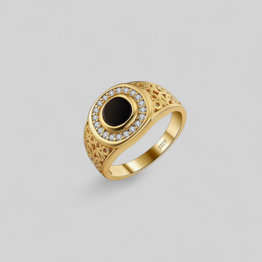 Men's ring with black agate and zirconia – 925 silver, 18K gold-plated, unisex