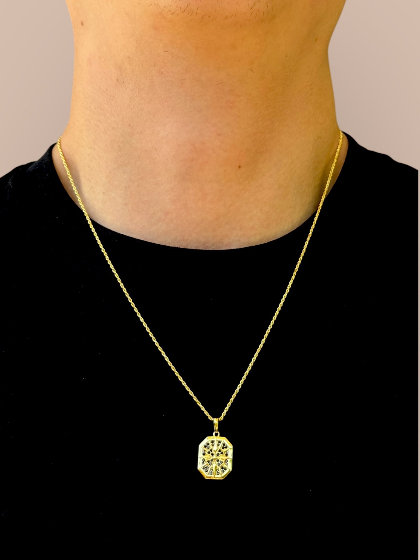 Men's star necklace with zirconia and black stones – 925 silver, 18K gold-plated, unisex