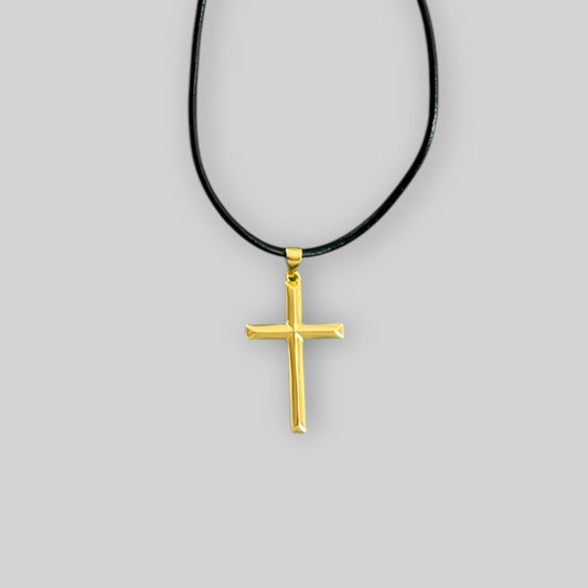 Men's leather necklace with solid cross pendant – 925 silver, 18K gold-plated, unisex