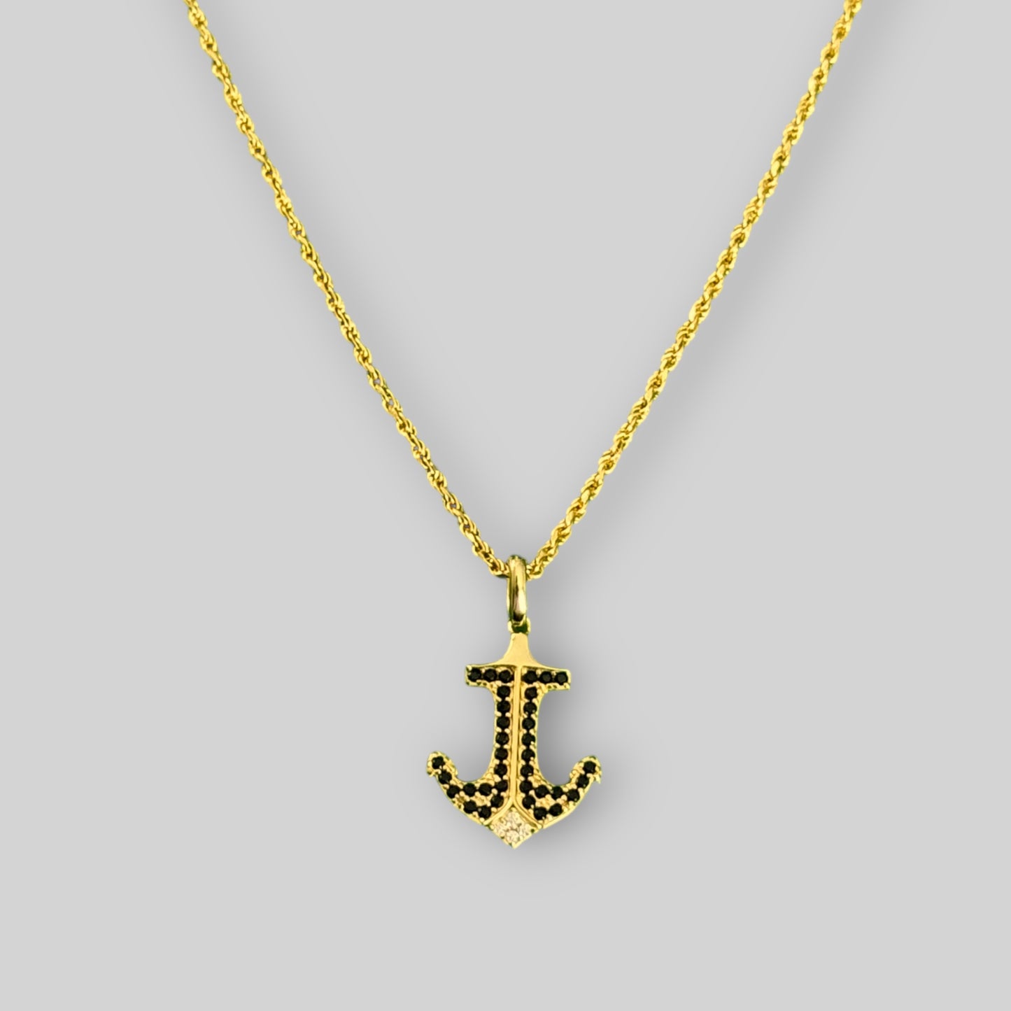 Men's anchor necklace with diamond cut cubic zirconia and black stones – 925 silver, 18K gold-plated, unisex