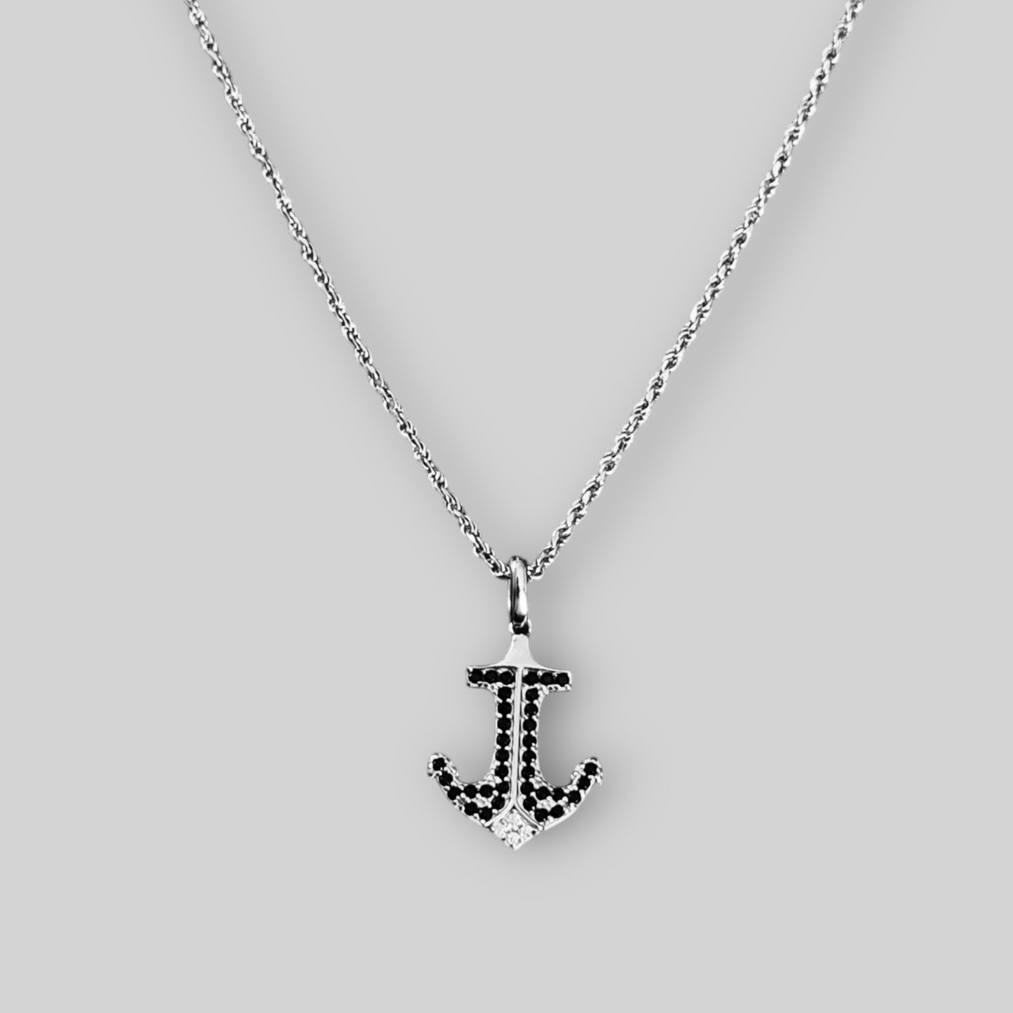 Men's anchor necklace with diamond cut cubic zirconia and black stones – 925 silver, 18K gold-plated, unisex