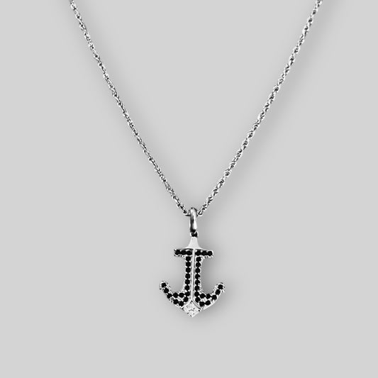 Men's anchor necklace with diamond cut cubic zirconia and black stones – 925 silver, 18K gold-plated, unisex