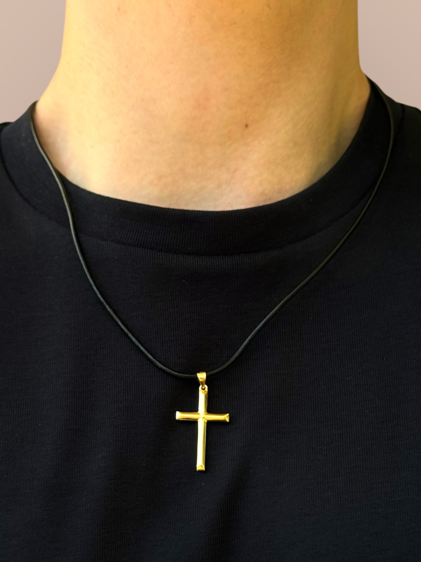 Men's leather necklace with solid cross pendant – 925 silver, 18K gold-plated, unisex