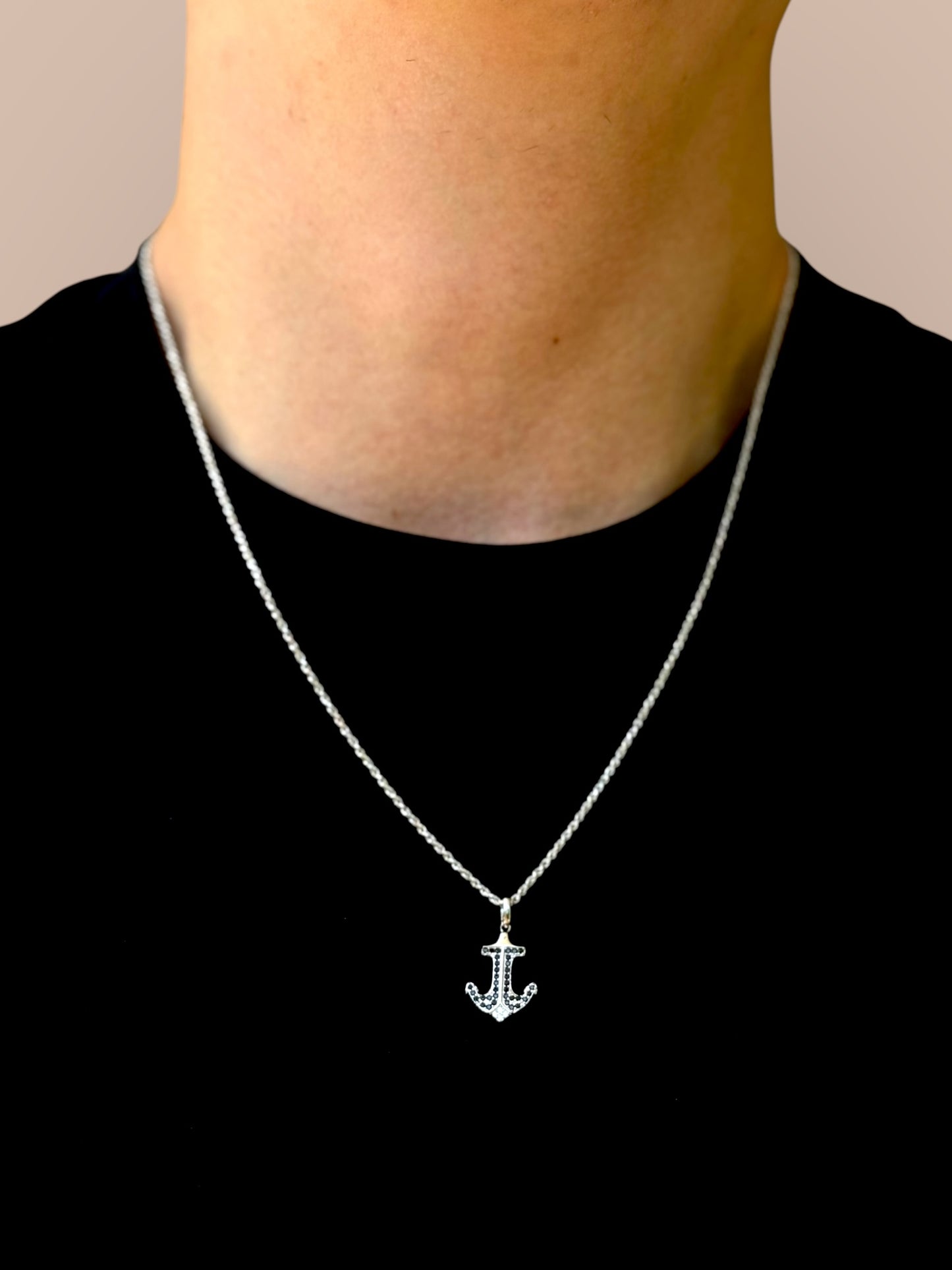 Men's anchor necklace with diamond cut cubic zirconia and black stones – 925 silver, 18K gold-plated, unisex