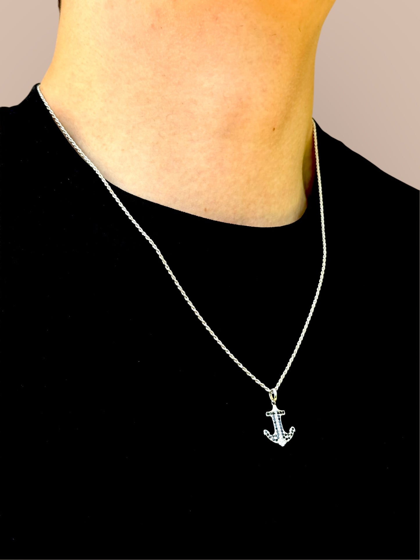 Men's anchor necklace with diamond cut cubic zirconia and black stones – 925 silver, 18K gold-plated, unisex
