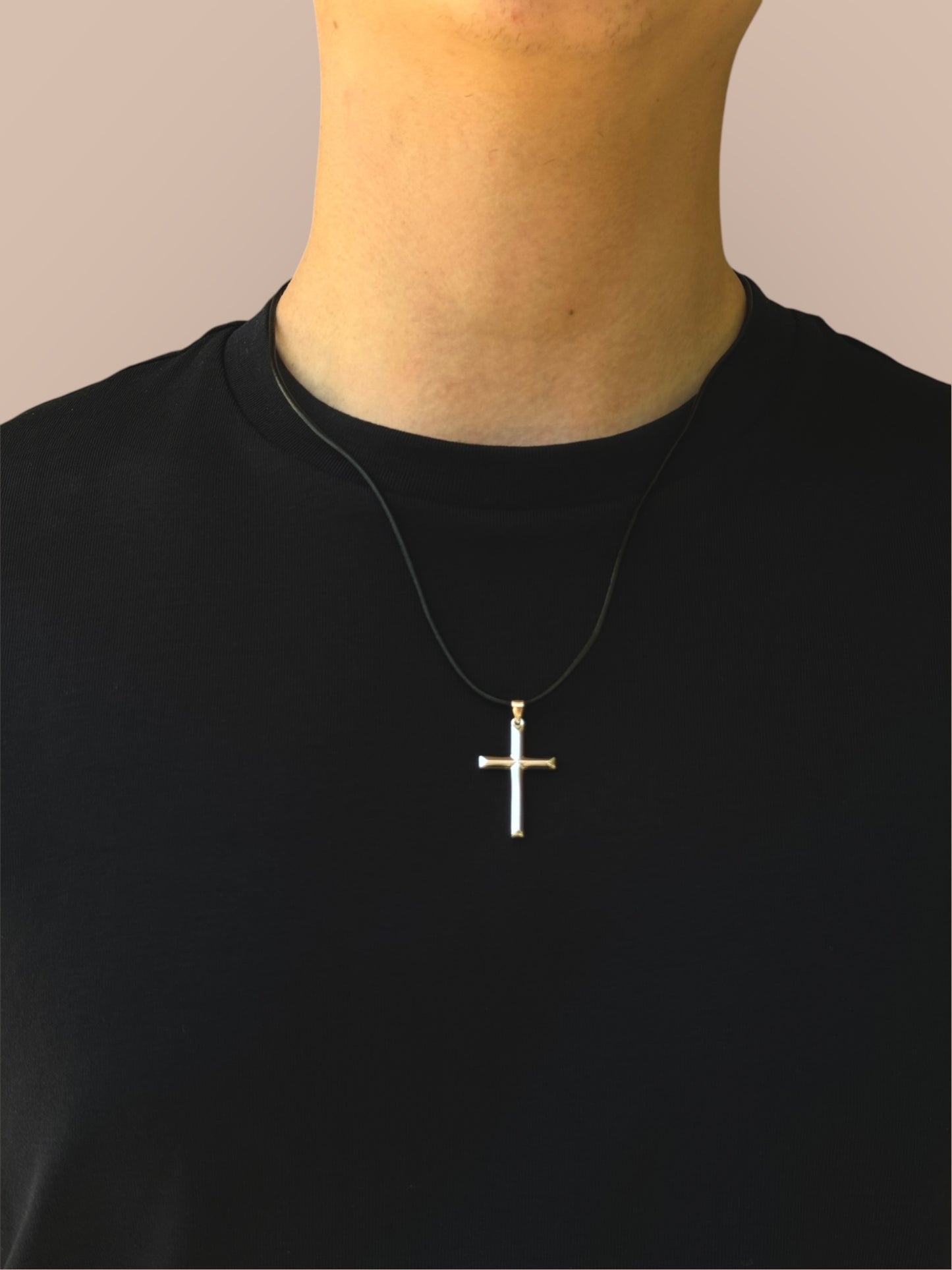 Men's leather necklace with solid cross pendant – 925 silver, 18K gold-plated, unisex