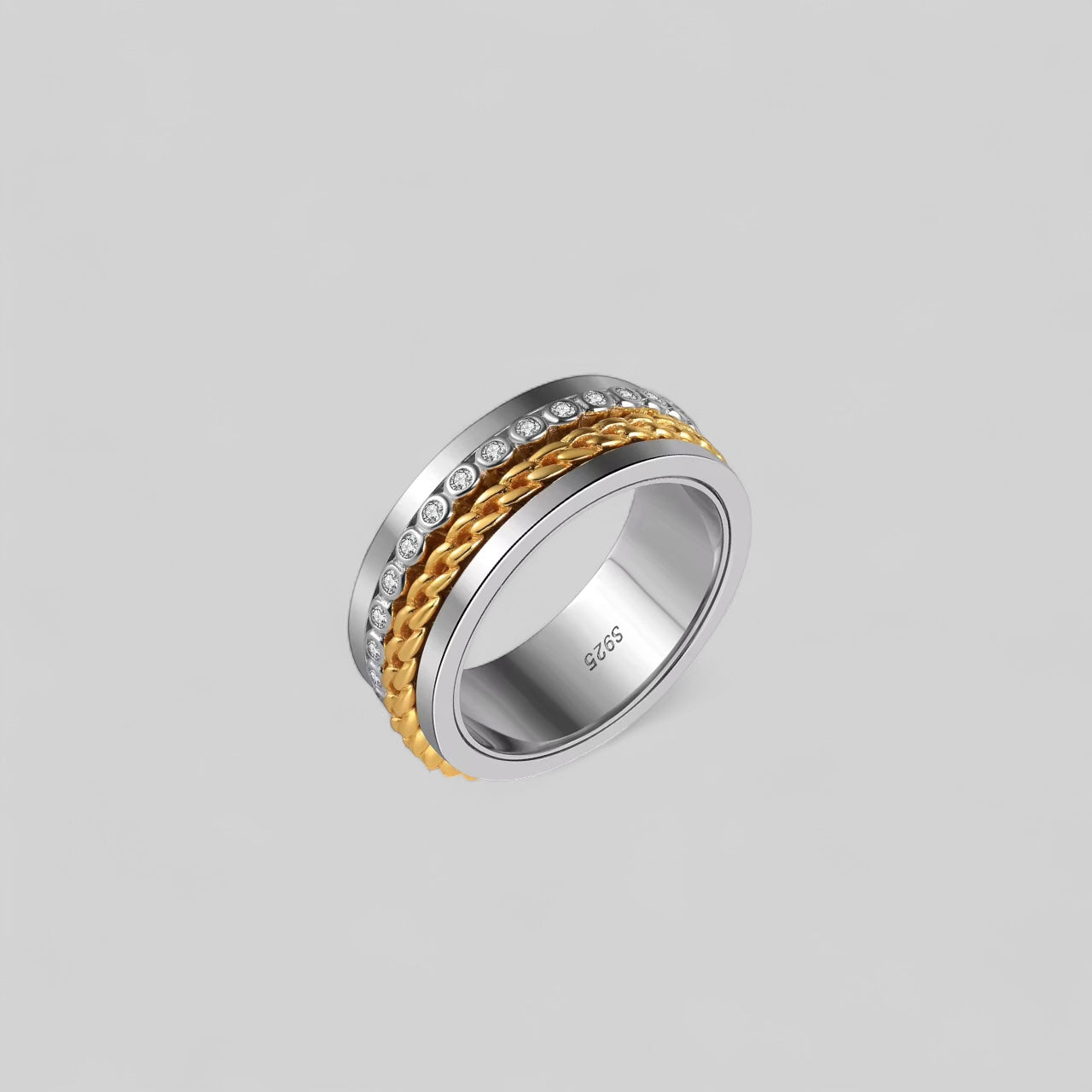 Men's rotating fidget ring with zirconia – two-tone, 925 silver, 18K gold-plated