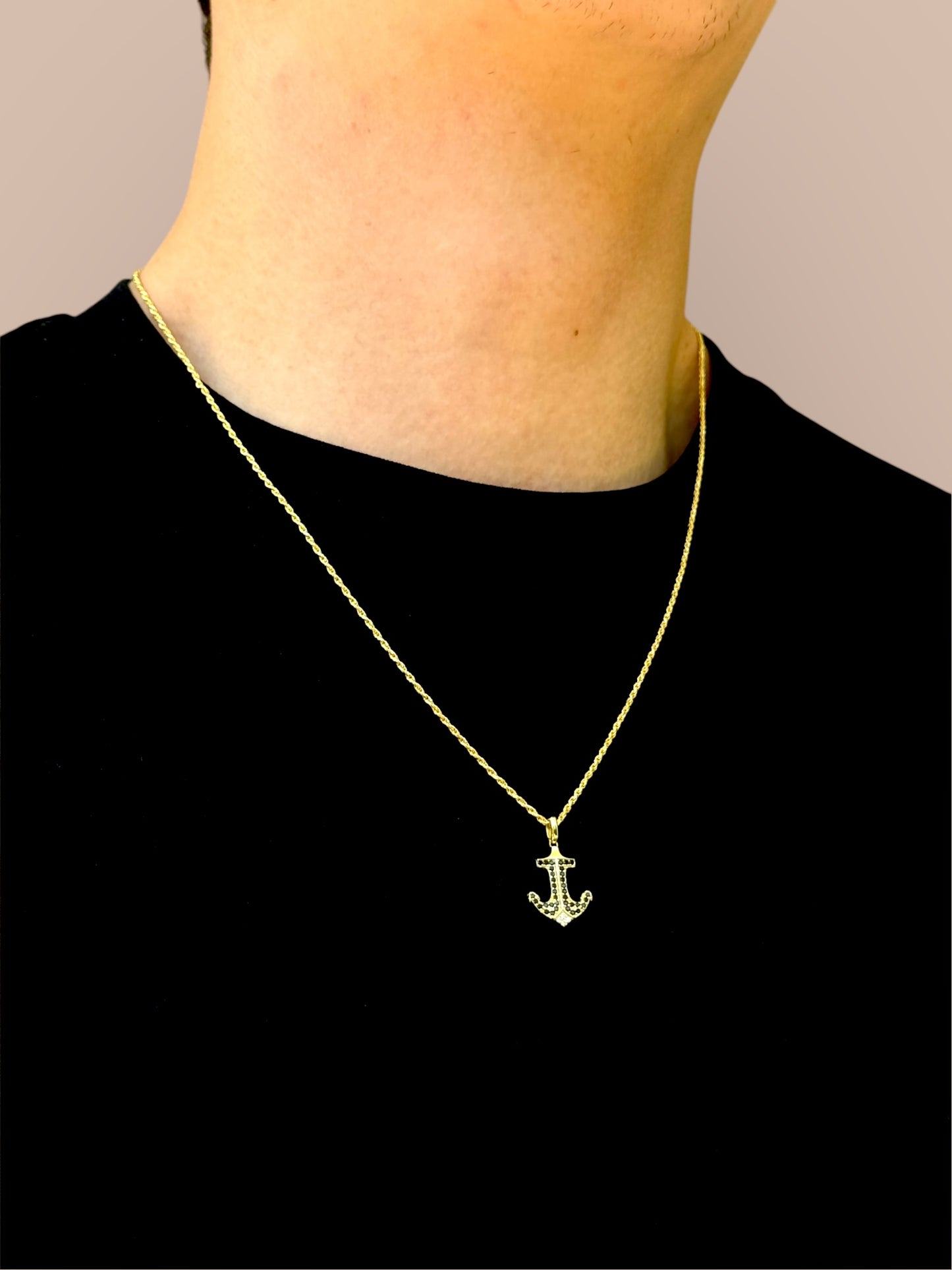 Men's anchor necklace with diamond cut cubic zirconia and black stones – 925 silver, 18K gold-plated, unisex